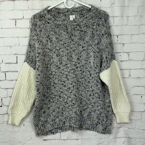 Shae Sweater Womens Medium Pullover Two Tone Mohair Wool Blend Crew Gray Cream